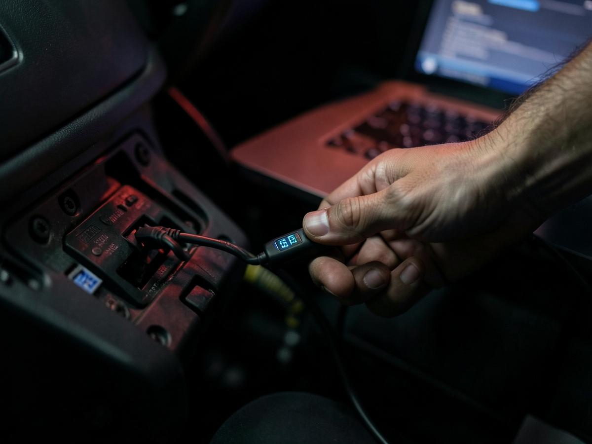 Technician connecting a tuning cable to a vehicle ECU